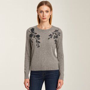 Tahari Cashmere Gray Floral Embroidered Sweater L Soft Knit Crewneck Classic